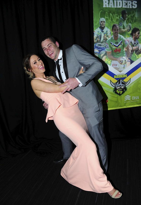 Meninga Medal presentation night at the AIS Arena in Canberra. Raiders player Shaun Fensom and partner Leah Corcoran.