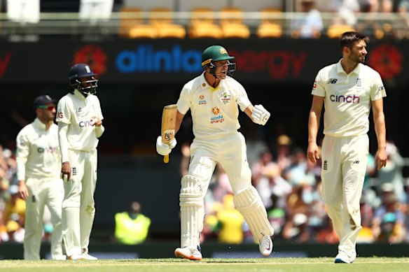 Marnus Labuschagne of Australia celebrates winning during day four of the First Test Match in the Ashes series between Australia and England at The Gabba on December 11, 2021 in Brisbane, Australia. 