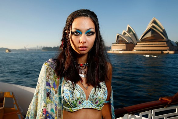 A model poses at the Camilla show at Mercedes-Benz Fashion Week Resort 17 Collections on The Seadeck boat on May 19, 2016 in Sydney, Australia.