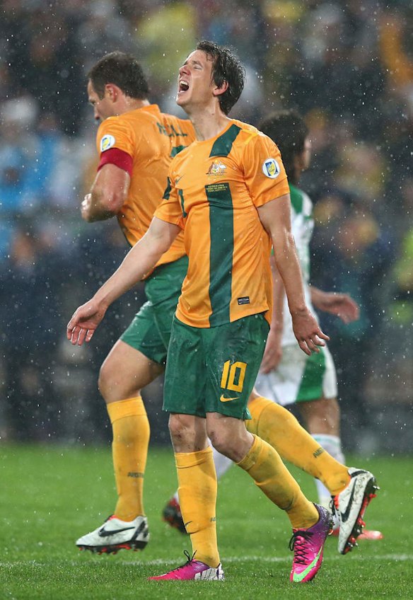 Robbie Kruse of the Socceroos looks dejected after missing a shot on goal.