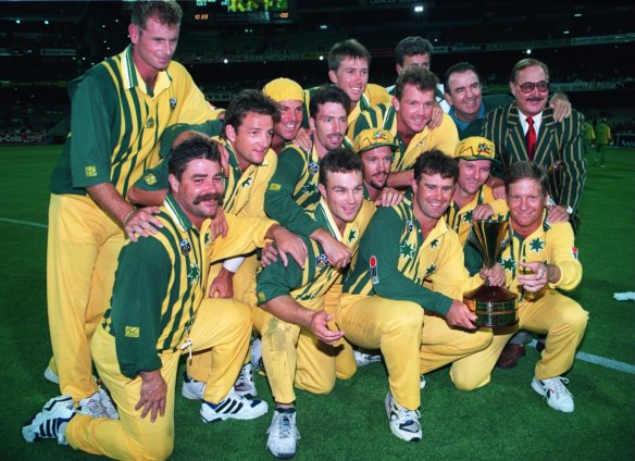 Australia celebrate their 2-0 victory over Australia A in the 1995 quad series final.