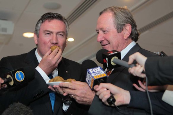 2011. Savouring western Sydney delicacy with GWS coach Kevin Sheedy after a gaffe about falafels. 