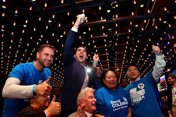 Liberal supporters react during the results count at the Federal Liberal Reception at the Sofitel-Wentworth hotel in Sydney, Saturday, 18 May, 2019. 