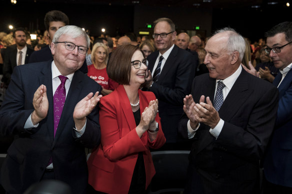 Burying the hatchet: Kevin Rudd, Julia Gillard and Paul Keating at Labor's campaign launch on Sunday.