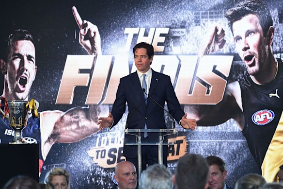 AFL CEO Gillon McLachlan speaks at The Grand Final Function in The Olympic Room before the 2017 AFL Grand Final match between the Adelaide Crows and the Richmond Tigers at the MCG in 2017.