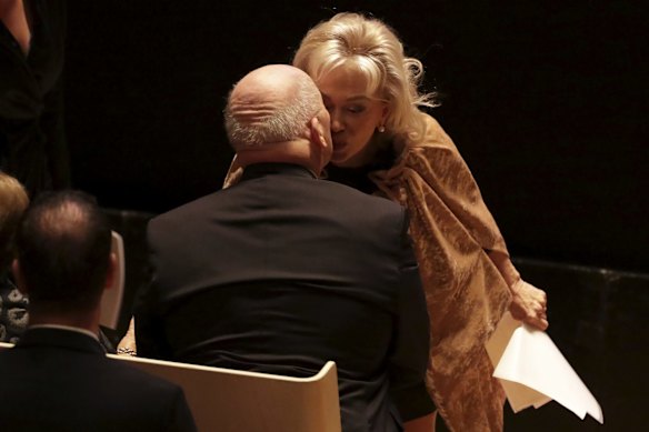 Governor-General Sir Peter Cosgrove greet Blanche D'Alpuget during the state memorial service for former Prime Minister Bob Hawke.