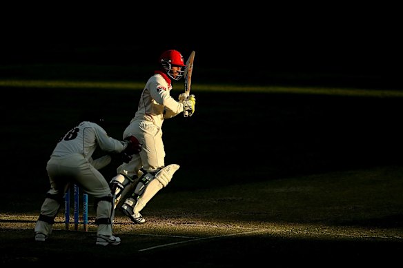 New state: Phillip Hughes playing for his new team, the South Australian Redbacks, in a Sheffield Shield match against the Queensland Bulls in 2012. 
