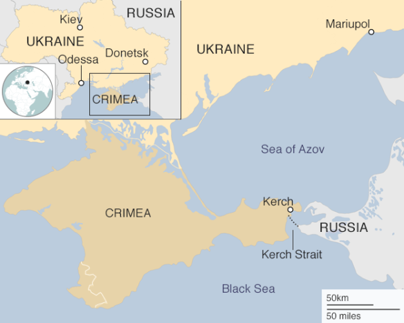 The Kerch Strait between the Azov and Black seas. A bilateral treaty grants both Russia and Ukraine the right to use the Azov Sea.