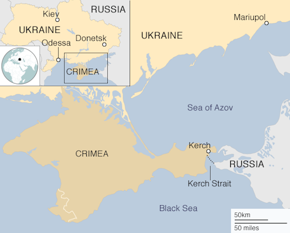 The Kerch Strait between the Azov and Black seas. A bilateral treaty grants both Russia and Ukraine the right to use the Azov Sea.