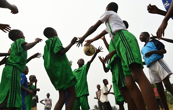 A group of children practice their soccer skills at a child friendly space in Nganza neighbourhood of Kananga. Many children are traumatised from what they witnessed during the conflict.