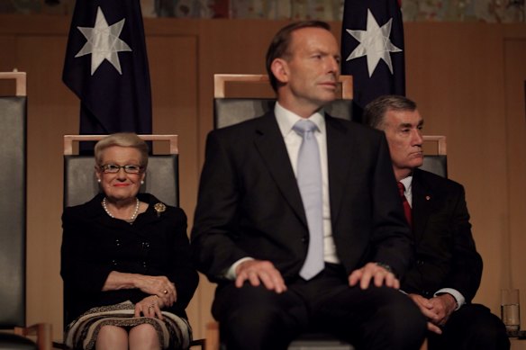 Speaker Bronwyn Bishop attended the farewell reception for Governor-General Quentin Bryce with Prime Minister Tony Abbott at the Great Hall of Parliament House in Canberra where a portrait by Ralph Heimans was unveiled on Tuesday 25th of March, 2014. 