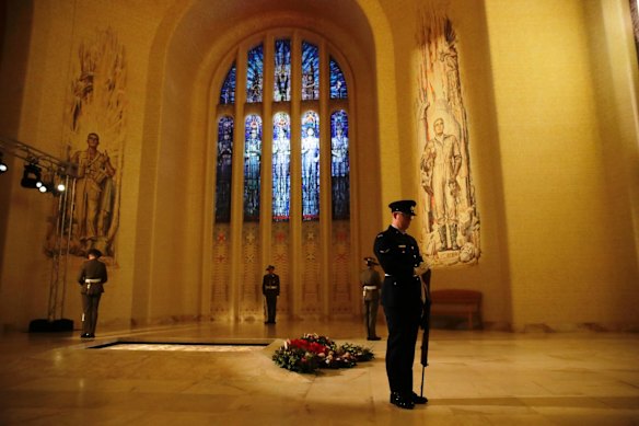 The catafalque party mounted at the Tomb of the Unknown Australian Solider during the Anzac Day commemorative service at the Australian War Memorial in Canberra.