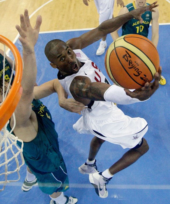 2008: Kobe Bryant of the USA shoots as Andrew Bogut of Australia defends during the Men's Basketball Quarterfinal game at the Beijing 2008 Olympic Games.