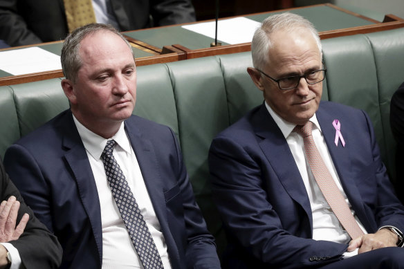 February 15, 2018: Barnaby Joyce and Malcolm Turnbull take their seats during an attempt by Labor to move a motion calling for the Deputy Prime Minister to be sacked.