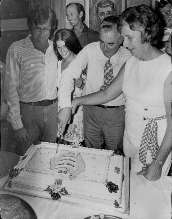 Mr and Mrs Whitlam mobbed by a huge, enthusiastic crowd on their arrival home after Labor won the 1972 Federal Election. 