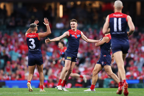 No to happy feet: Bayley Fritsch celebrates one of his five goals in his return game on Sunday, but he finished the afternoon with a sore foot.