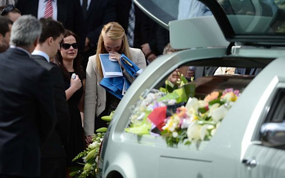 Funeral of Chris Lane at Saint Thereses Parish Church in Essendon , Chris's girlfriend Sarah Harper after the service