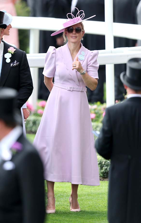 Zara Tindall in a custom Rebecca Vallance dress on the opening day of Royal Ascot, with Bulgari sunglasses and a Juliette Millinery boater.