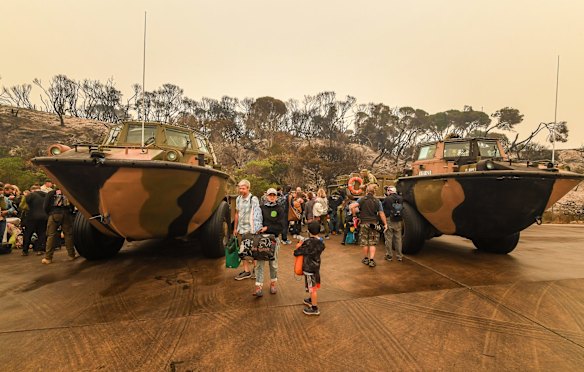 Mallacoota Evacuations of people stranded after the bushfires that ravaged the town on December 30 2019. Evacuated by army personnel to the HMAS Choules Friday 3rd January 2020.