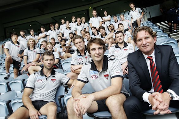 Essendon Football Club coach James Hird (front right) and captain Jobe Watson (front centre) with the 2012 playing list at the Bomber's 2012 season launch at Etihad Stadium.
8 November 2011