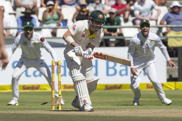 David Warner is bowled by Kagiso Rabada on Friday.