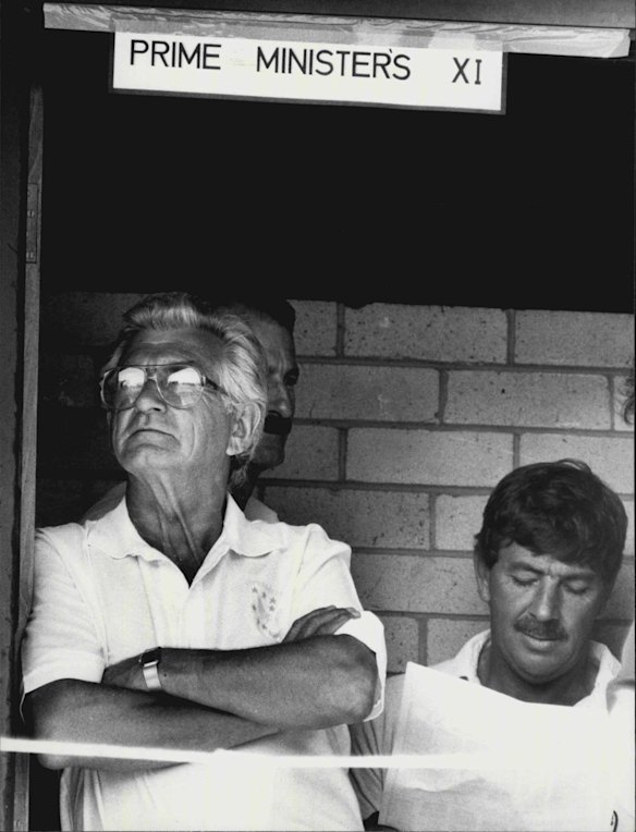 Bob Hawke, Rod Marsh at the Prime Ministers Eleven versus Aboriginal Eleven at Manly Oval in January 1988.