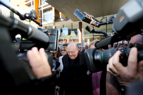 Adelaide Archbishop Philip Edward Wilson leaving Newcastle courthouse after being found guilty of concealing historical child sexual abuse.