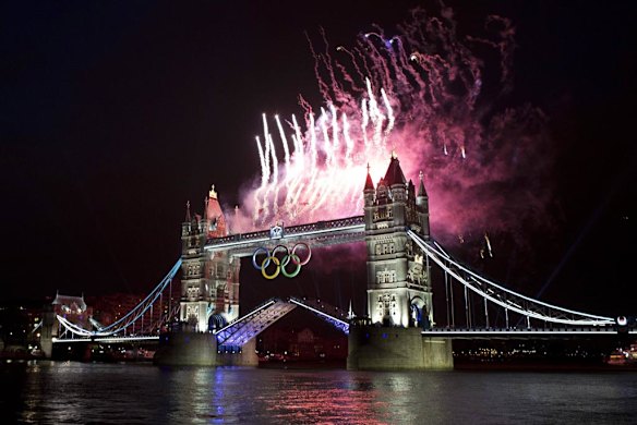 Fireworks explode off the Tower Bridge during the night of the opening ceremony of London 2012 Olympic Games in London.
