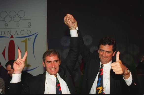 John Fahey and Rod McGeoch in Monaco in 1993, celebrating Sydney winning the hosting rights for the 2000 Olympic Games.