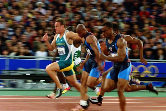 Matt Shirvington gets a good start in the men's 100m semi-final.