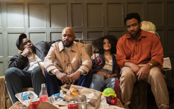 <i>Atlanta</i>’s third season brings the gang to Europe. From left: Brian Tyree Henry, LaKeith Stanfield, Zazie Beetz and Donald Glover.