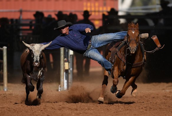 A competitor shows his skills in the steer wrestling event at the Mount Isa Mines Rodeo on August 13, 2021 in Mount Isa, Australia.