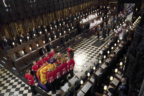 The coffin of Queen Elizabeth II at St George’s Chapel.