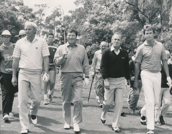 From left: Australian golfing royalty Greg Norman, Peter Thomson, David Graham and Ian Baker Finch at a 1986 charity event.