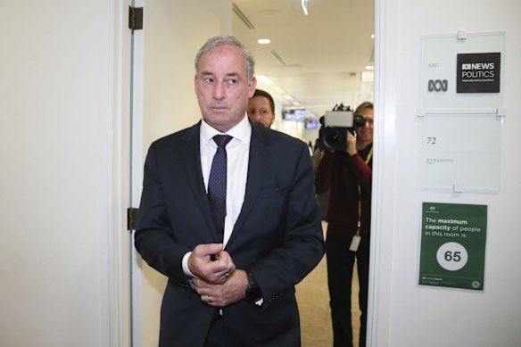 Minister for Senior Australians and Aged Care Services Richard Colbeck exits the ABC studio after an interview on Tuesday 1 June.
