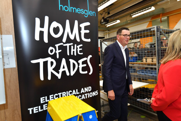 Premier Daniel Andrews promoting Labor's commitment to the Victorian TAFE system in May. 