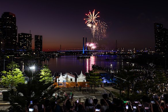 Family fireworks are seen over the Bolte Bridge.