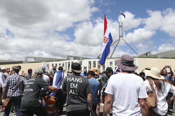 'Convoy to Canberra' protesters on the lawns between Parliament House, and Old Parliament House, in Canberra.