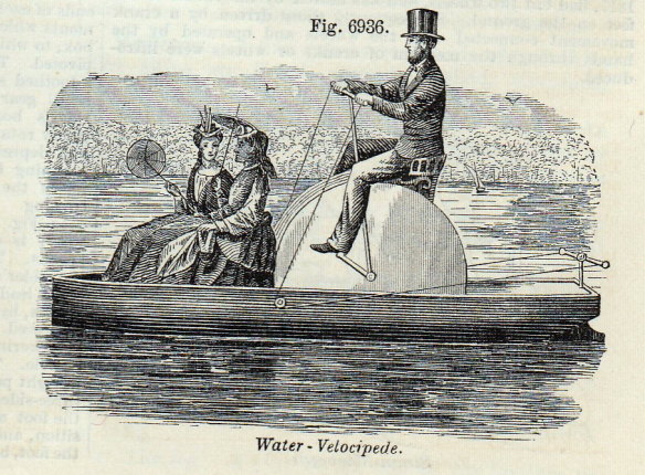 A water velocipede in 1877 - an early form of hydrocycle.