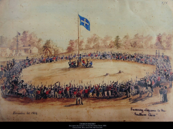 The Eureka Stockade. Canadian artist and digger Charles Doudiet's painting 'Swearing allegiance to the Southern Cross', 1854