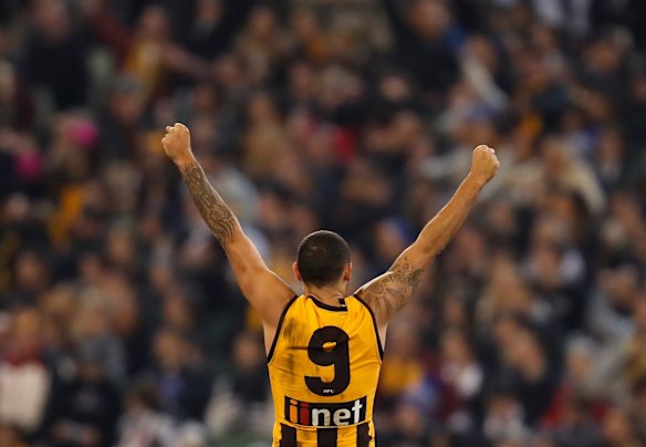 2019 Shaun Burgoyne celebrates as the final siren sounds after Hawthorn defeated Collingwood.