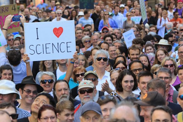 The March for Science Sydney rally in Marin Place.