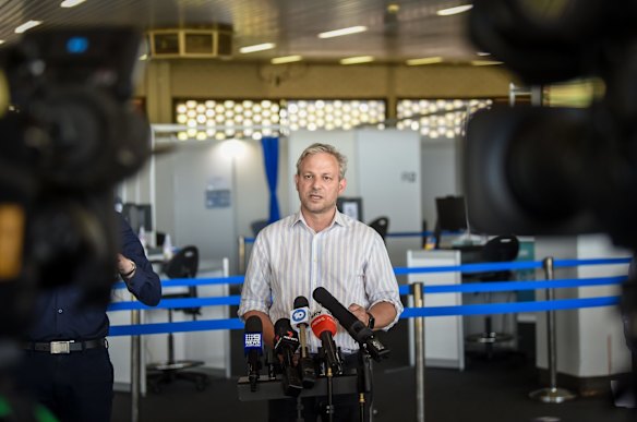 Chief Health Officer, Brett Sutton making an announcement at the Sandown Racecourse vaccination hub.