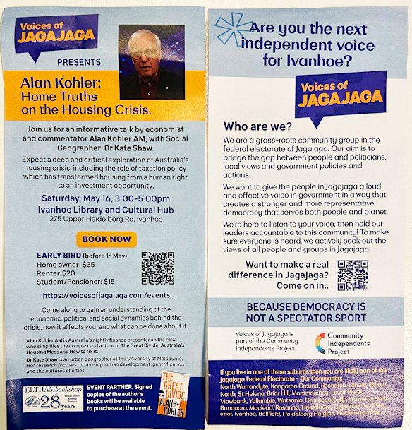 An event flyer with Alan Kohler session with links to the teals/independents in Melbourne. 