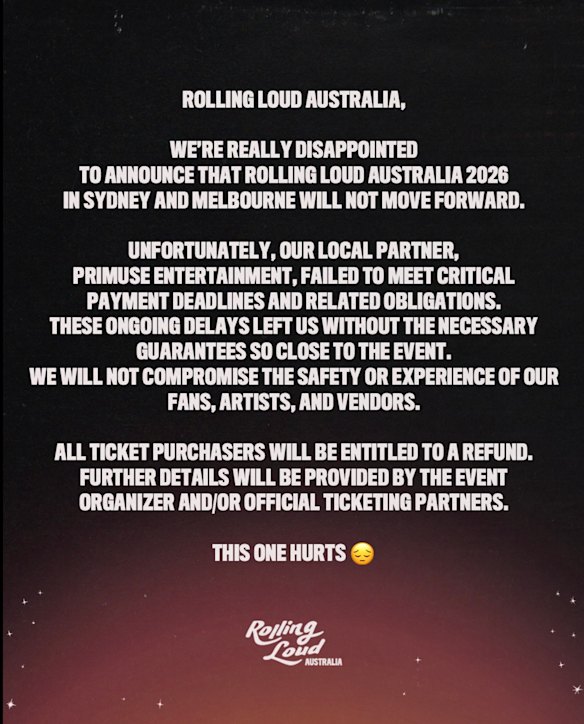 La publicación del viernes en las redes sociales anunciando que Rolling Loud Australia fue cancelada.
