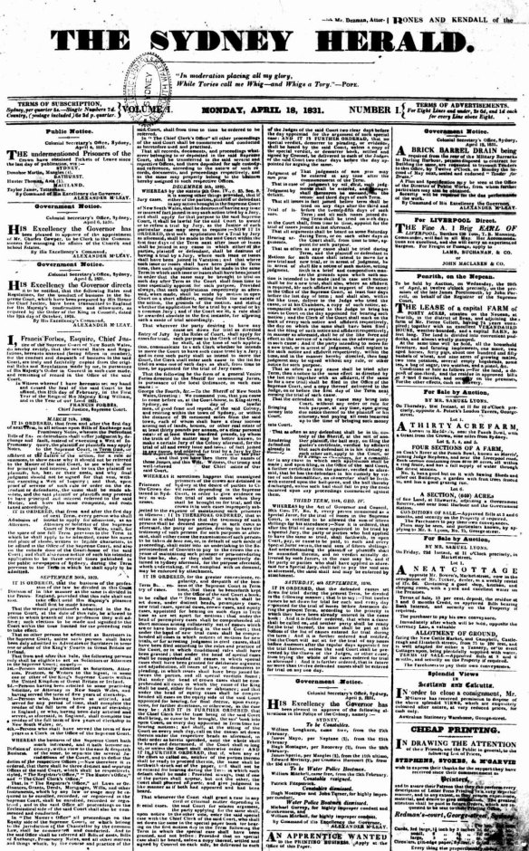The front page of the first Herald, published on  April 18, 1831.