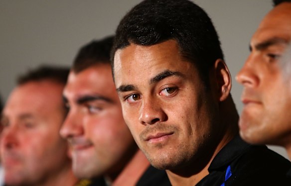 The Hayne Plane: Jarryd Hayne with coach Ricky Stuart, prop Tim Mannah and teammate Reni Maitua during the club's co-captains announcement in 2013.