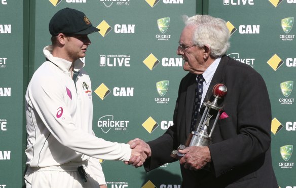 Spoils of victory: Alan Davidson presents Steve Smith  with the Frank Worrell Trophy after winning the series against the West Indies in 2016.