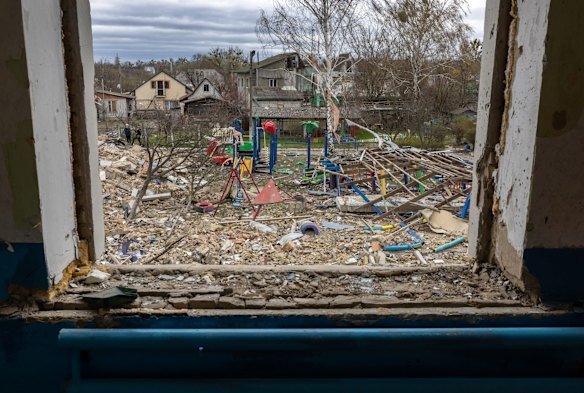 A kindergarten playground lies in ruins after a school was bombed by the Russians in Makariv. Local residents said a single bomb destroyed the Barvinok school at 5am on March 7. No one was reported killed.