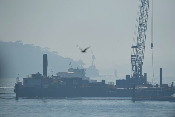 Smoke across Sydney Harbour due to the Gospers Mountain fire.